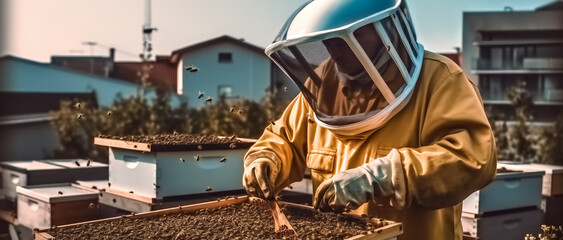 Man in protective beekeeper suit are working at beehives, Beekeeping in large towns concept.