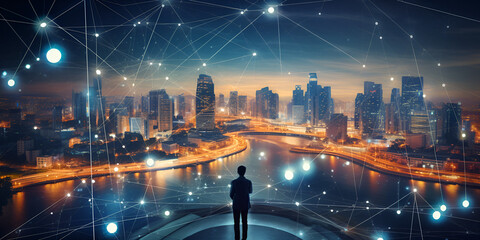 Professional business man looking on future smart city background and futuristic interface graphic at night Business technology network internet of things 