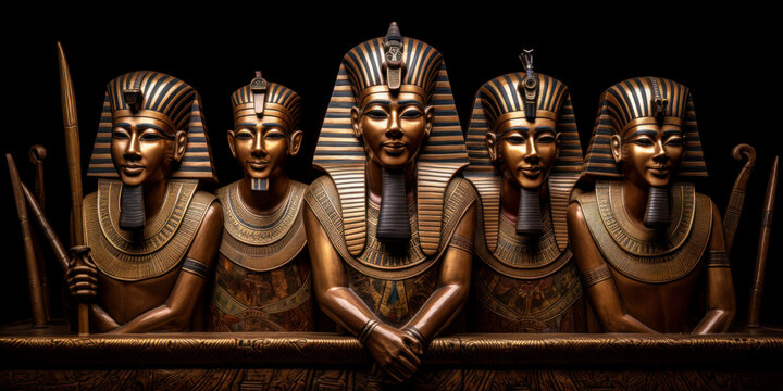 Golden statues of ancient Egyptian pharoahs.
