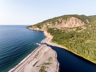 A panoramic view of the Cape Breton Island Coast line cliff scenic Cabot Trail route, Nova Scotia Hghlands Canada