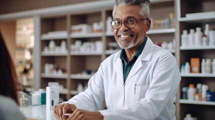 African male pharmacist gives advice on medication use to customers, Pharmacist, African doctor with box for pills, Retail drugs.