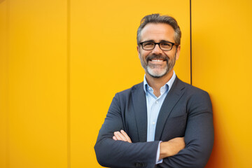 Man wearing suit and glasses leaning against yellow wall. Suitable for business, professional, or office-related concepts.