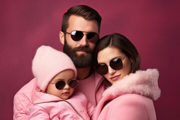 Picture of man and woman wearing sunglasses and pink coat. This image can be used for fashion, couple, or outdoor activities-related projects.