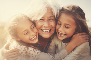 Older woman embracing two young girls. This heartwarming image captures love and bond between generations. Perfect for family-related projects or illustrating themes of care and support.