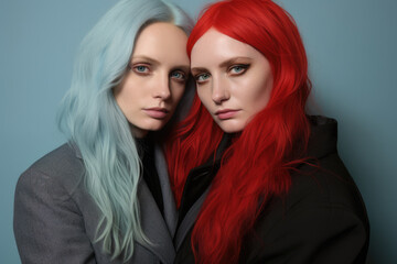 Two women with vibrant red and blue hair striking pose for photograph. This image can be used to showcase individuality, modern fashion trends, or diversity in beauty.