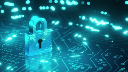 Animation of online security padlock, data processing over computer circuit board. global online security, data processing, digital interface and connections concept digitally generated video. - Powered by Adobe