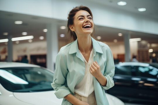 Woman is seen laughing inside car showroom. This image can be used to depict joy, happiness, or excitement of buying new car.