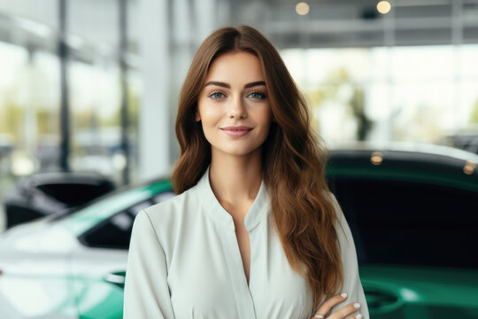 Woman standing confidently in front of sleek green car. This image can be used to depict independence, success, or fashionable lifestyle.