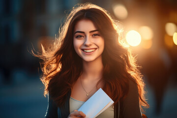 Beautiful young woman holding book in her hand. Suitable for educational or literary-themed projects.