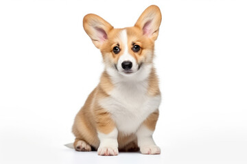 Small brown and white dog sitting on white surface. This picture can be used for pet-related articles or advertisements.