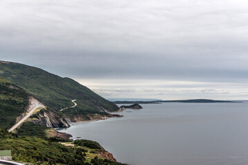 A panoramic view of the Cape Breton Island Coast line cliff scenic Cabot Trail route, Nova Scotia Hghlands Canada