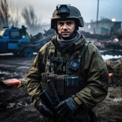 A war correspondent in a bulletproof vest and a helmet