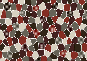 Abstract geometric mosaic shapes in red brown and beige with a white border design and decorate with a white dots pattern for the background. Polygon flat design. Vector illustration.