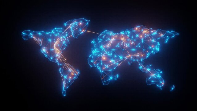 world map blue glow, wire styles, orange line connection network around the world, zoom out camera animation.