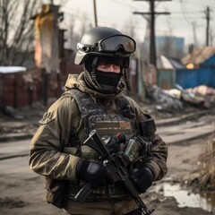 A war correspondent in a bulletproof vest and a helmet