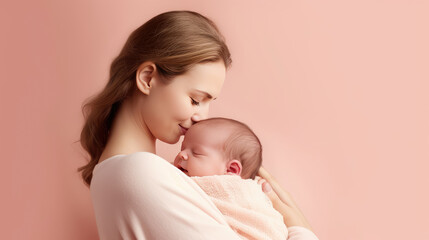 Portrait pretty woman holding a newborn baby , Loving mom carying of her newborn baby in her arms , Created with Generate Ai Technology - obrazy, fototapety, plakaty