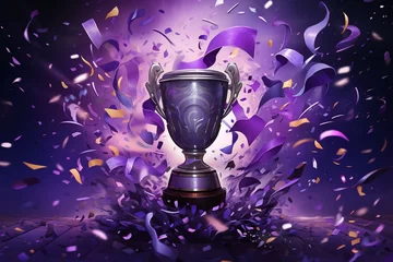 Foto op Canvas Purple backdrop showcasing a cartoon champions trophy with confetti cascading around it. Generative AI © Maayan