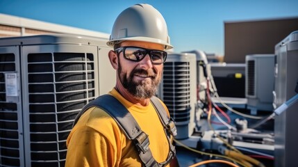 Technician working on air conditioning outdoor unit, Repairing air conditioner.