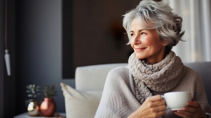 Mature beautiful woman with white mug of cappuccino sitting on the sofa at home by window