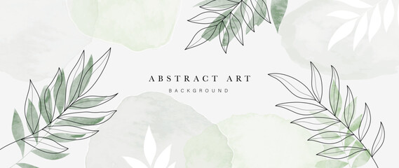 Abstract foliage art background vector. Botanical watercolor hand drawn leaves paint brush line art. Design illustration for wallpaper, banner, print, poster, cover, greeting and invitation card. © TWINS DESIGN STUDIO