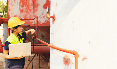 Work female holding laptop, opening pressure valve inspecting industrial wastewater treatment...