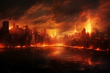 Apocalyptic view of New York City skyline engulfed in fire. Generative AI - obrazy, fototapety, plakaty