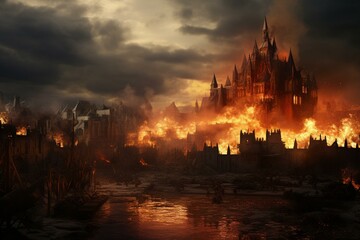 Fototapeta na wymiar Detailed, realistic medieval city burning with black smoke in the skyline. Generative AI