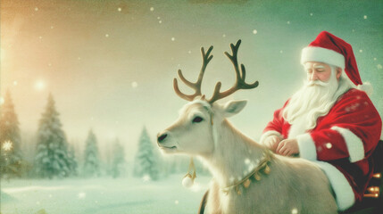 christmas holiday vintage card, holiday's greeting card, santa claus, reindeer , old paper grunge effect 