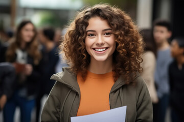 Studying in college, academic year, education concept. Smiling cheerful female student with notes outdoors looking at camera