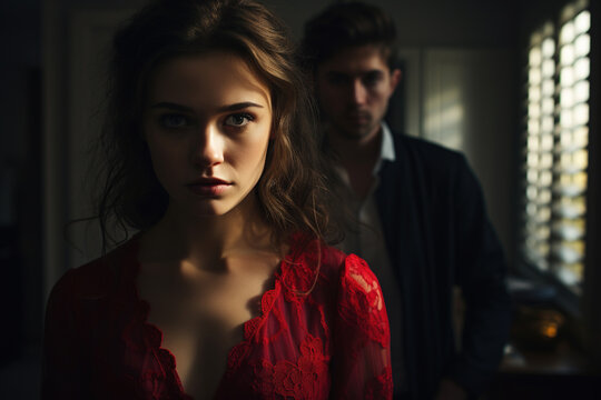 Relationship problem, quarrel concept. Serious sad woman in red dress looking at camera and man behind back, indoors