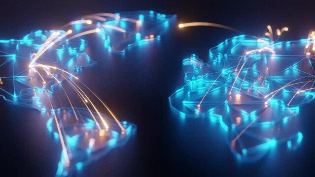 world map blue glow, wire styles, orange line connection network around the world, macro camera depth of field. 4k resolution, dolly view animation.