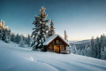 Fotobehang cabin with dog in snowfall © Wajeeha