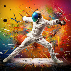 Colorful art design of fencing sport in the style of paints and splashes
