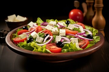 Delicious Greek salad with feta, tomato, lettuce, olives, and onion. Generative AI