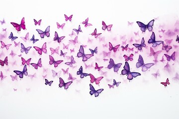 Watercolor painting of a swarm of pink and purple butterflies on a white background. Generative AI