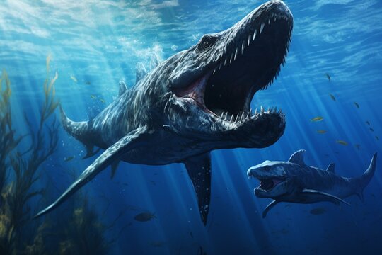 A liopleurodon is attacking an ichthyosaurus underwater. Generative AI