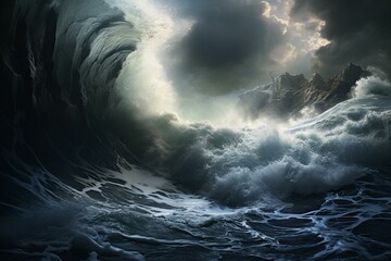 Violent ocean waves clash with the shore in a fierce storm. Generative AI