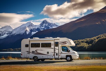 RV parked at lakeside caravan park with mountain backdrop. Camping travel theme. Generative AI