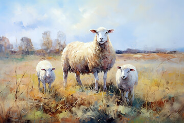 Beautiful painting of sheeps standing in the middle of the meadow. Farm animals. Illustration, Generative AI.