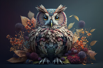 Image of an owl with beautiful flowers. Bird. Wildlife Animals. Illustration, Generative AI.