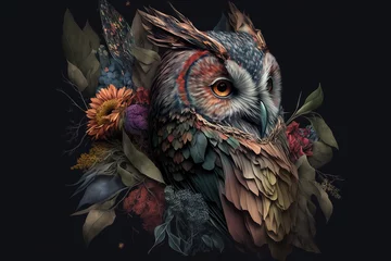 Photo sur Plexiglas Dessins animés de hibou Image of an owl with beautiful flowers. Bird. Wildlife Animals. Illustration, Generative AI.