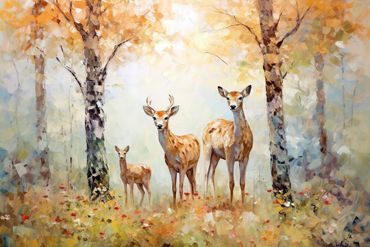 Beautiful painting of a family of deers resting under the trees in the forest. Wildlife Animals. Illustration, Generative AI.