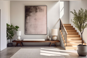 Scandinavian modern hallway interior design in a minimalist style with a large painting on the wall.
