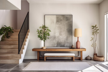 Scandinavian modern hallway interior design in a minimalist style with a large painting on the wall.