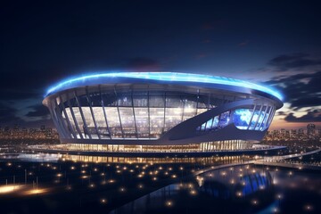 3D rendering of a brightly lit football stadium at night. Generative AI