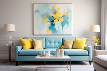 3D rendered room showcasing a light blue sofa, art canvas, and blue & yellow cushions. Generative AI