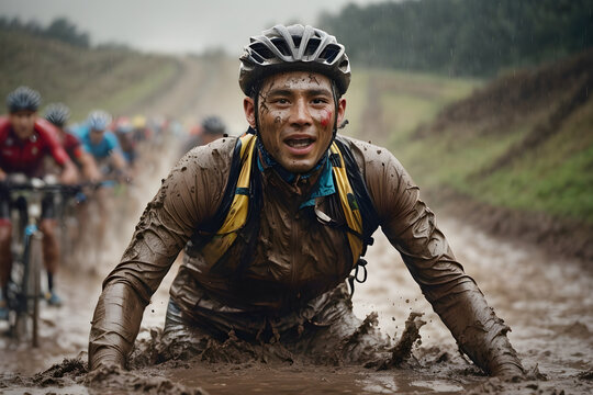 cyclist descending a muddy hill in pouring rain AI generated image AI generated image