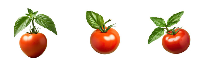 One tomato and basil leaf on a transparent background