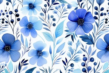 Fototapeta na wymiar Watercolor floral background with blue and black plants. Generative AI