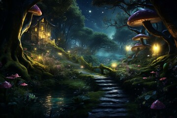Nighttime in the enchanted forest. Generative AI